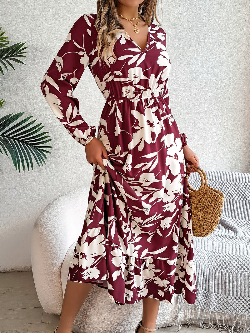 flower print ruffled long sleeve chiffon dress, view 8 - MRSLM