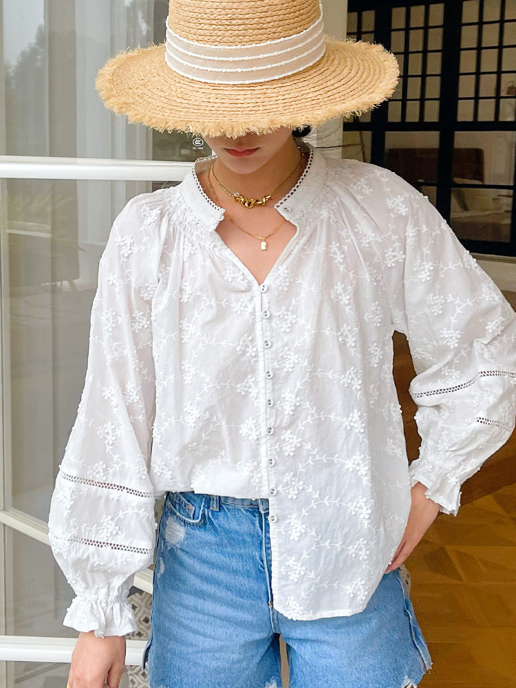 women's embroidered cotton long sleeve shirt, view 8 - MRSLM