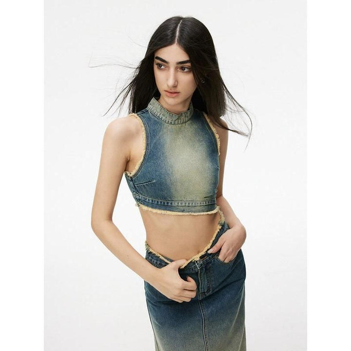 Gradient Blue Asymmetric Denim Grunge Tank Top
