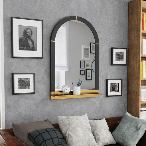 arched black and gold wall mirror with shelf - MRSLM