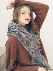 women's plaid houndstooth wool scarf, view 2 - MRSLM