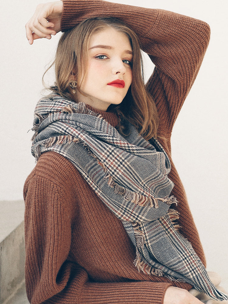 women's plaid houndstooth wool scarf, view 2 - MRSLM
