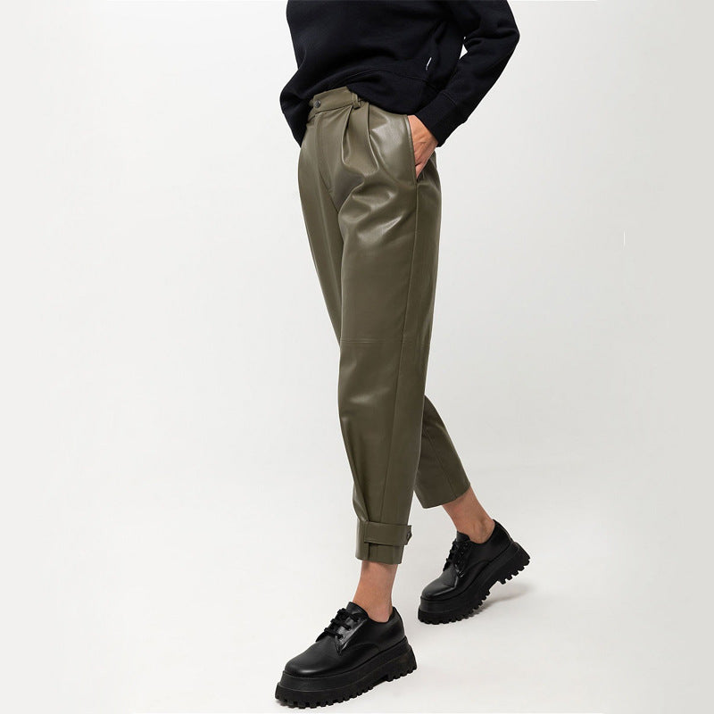 high-waist slim-fit pu leather cropped trousers, view 3 - MRSLM