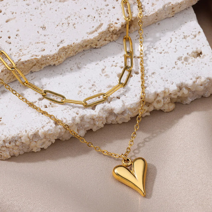 Romantic Double Layered Heart Chain Necklace