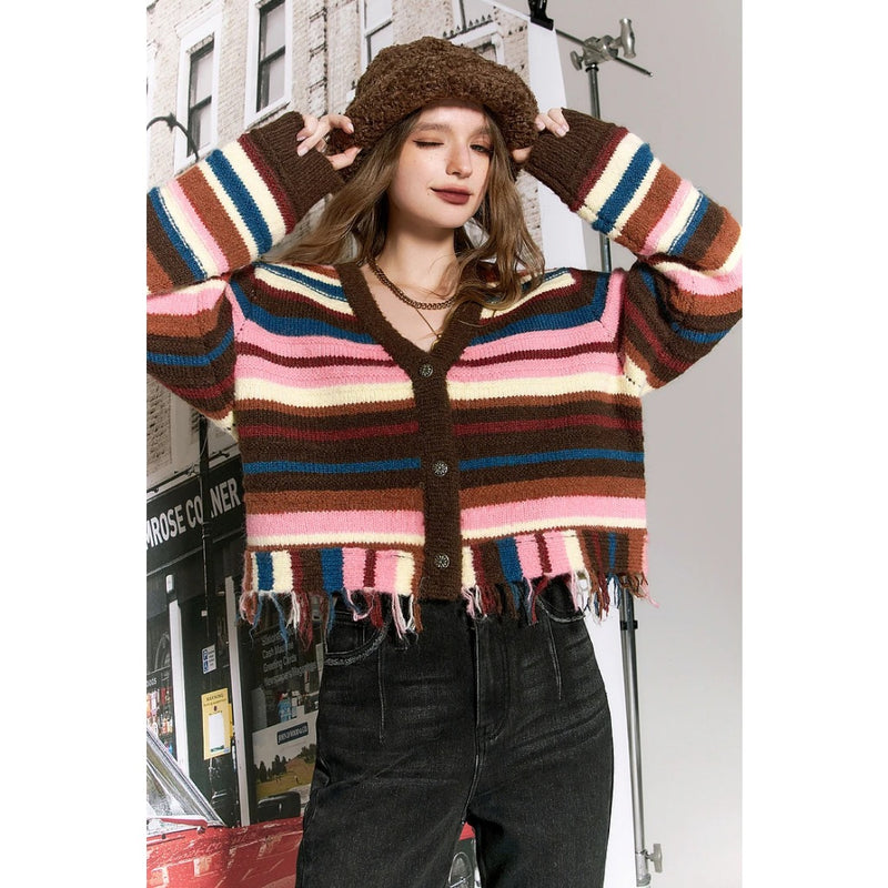 y2k retro striped v-neck sweater, view 3 - MRSLM