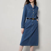 mid-length denim A-line dress with lapel collar - MRSLM