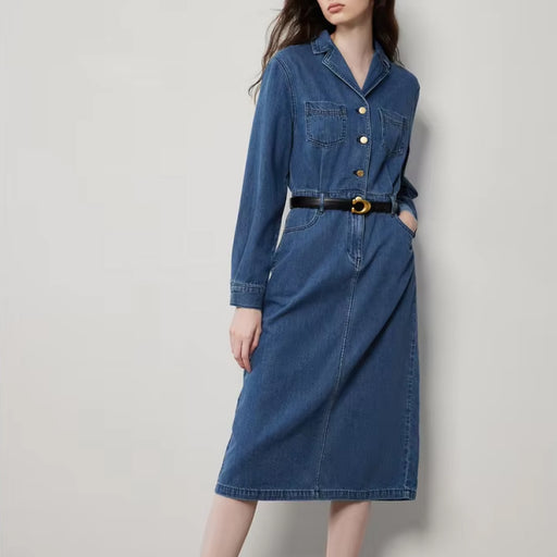 mid-length denim A-line dress with lapel collar - MRSLM