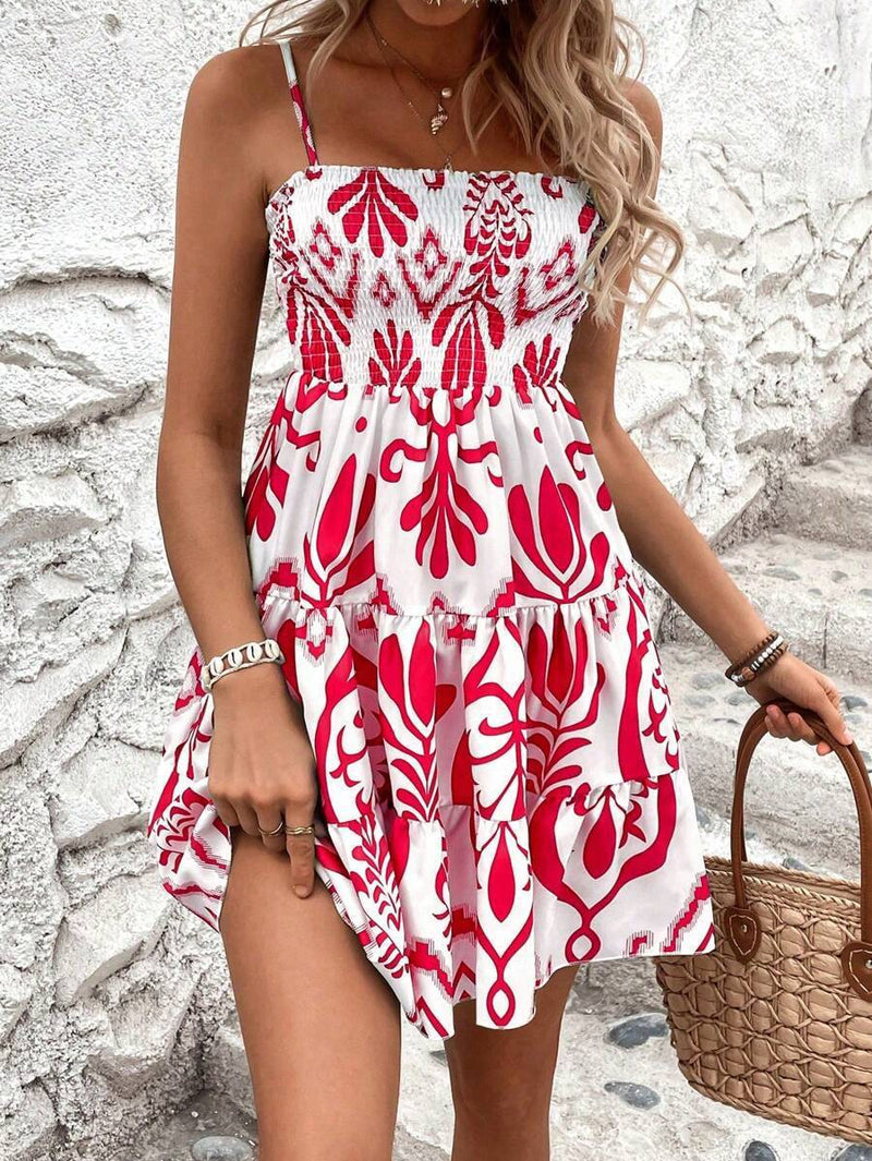 plant print gathered cami dress, view 8 - MRSLM