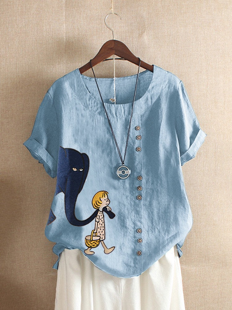women's cartoon print loose cotton t-shirt, view 6 - MRSLM