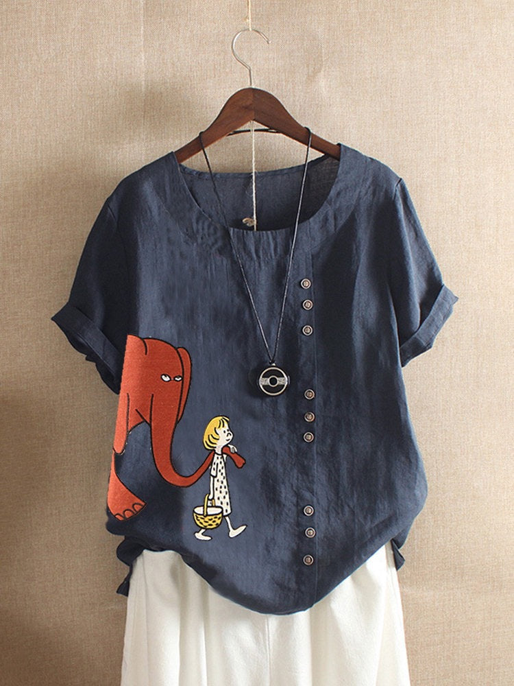 women's cartoon print loose cotton t-shirt, view 5 - MRSLM