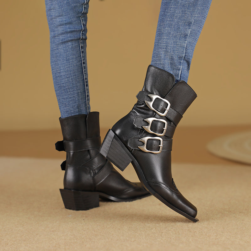 genuine leather square toe chunky heel ankle boots, view 6 - MRSLM