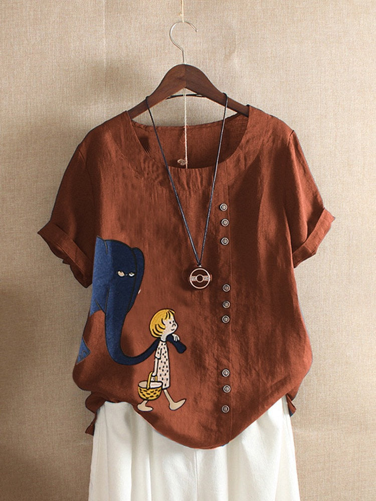 women's cartoon print loose cotton t-shirt, view 7 - MRSLM