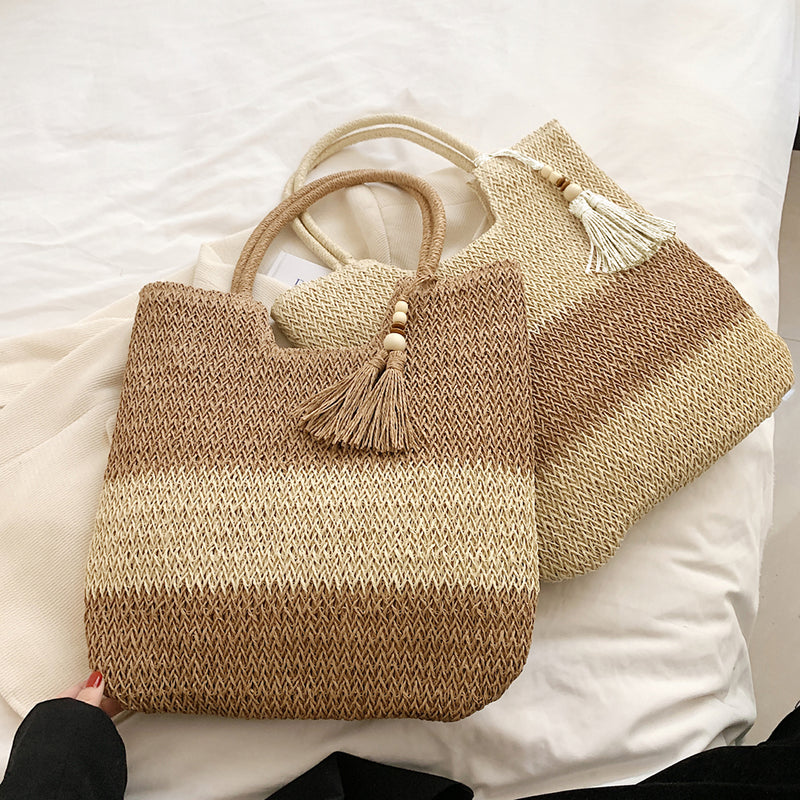 boho woven paper rope tote bag with tassels, view 4 - MRSLM