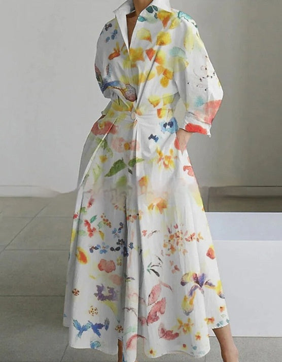 stand-up collar printed mid-length dress, view 9 - MRSLM