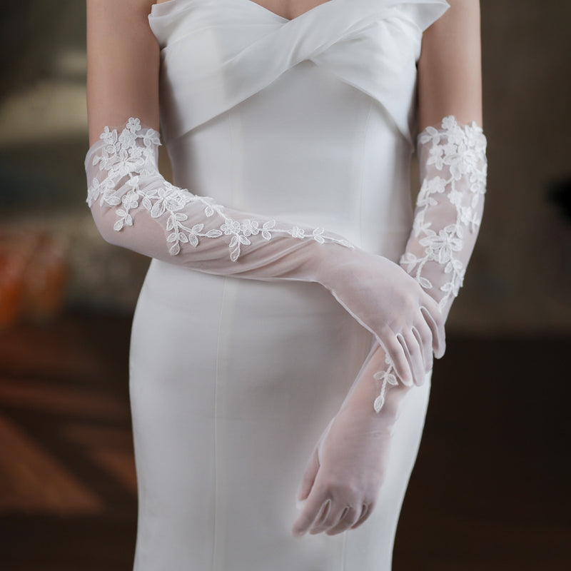 ivory white mesh long gloves, view 4 - MRSLM