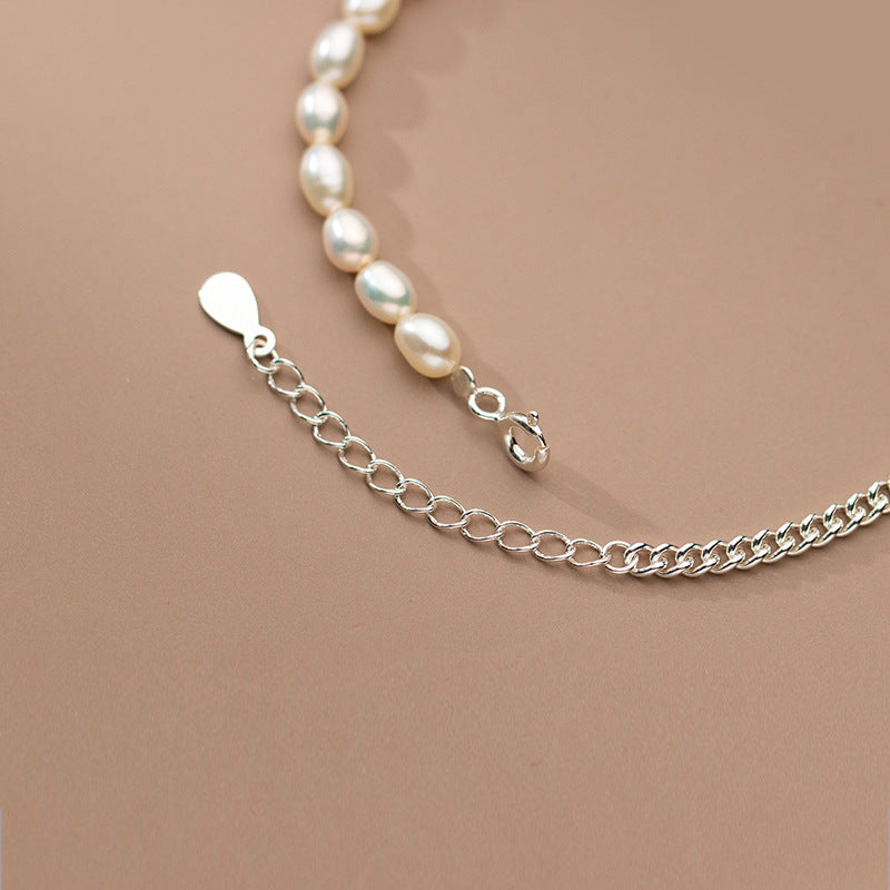 silver heart pearl chain bracelet, view 3 - MRSLM