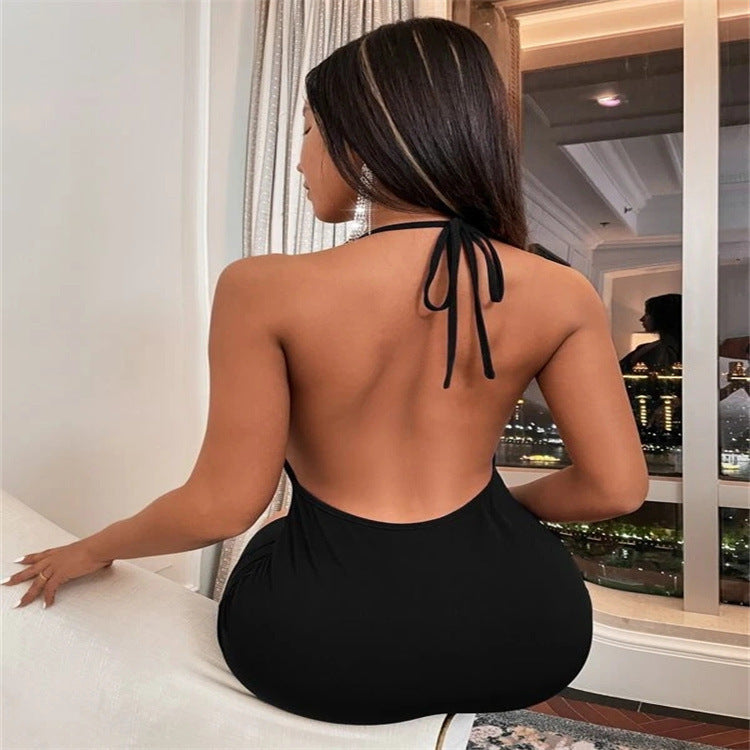 deep v-neck backless halter dress, view 2 - MRSLM
