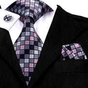 grey plaid silk tie set with cufflinks and pocket square, view 3 - MRSLM