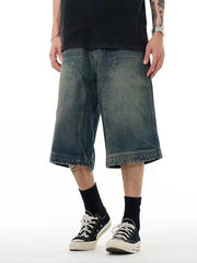 mens loose wide leg washed denim shorts, view 4 - MRSLM