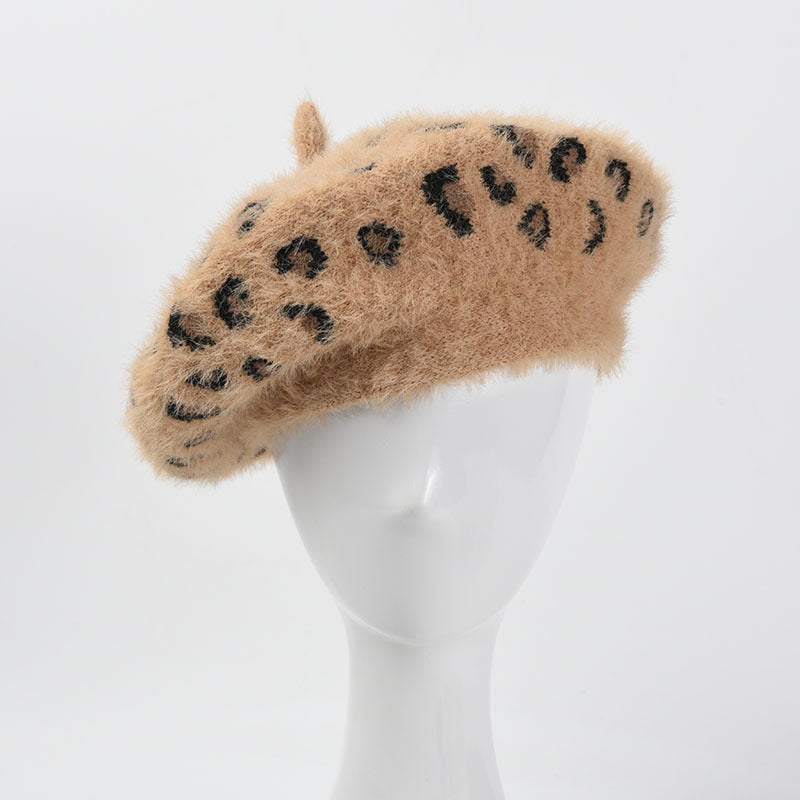 leopard knitted plush beret - MRSLM