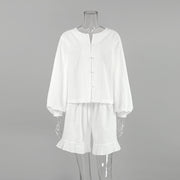 white cotton lantern sleeve top and shorts set, view 5 - MRSLM