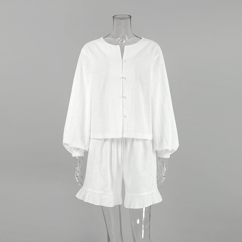 white cotton lantern sleeve top and shorts set, view 5 - MRSLM