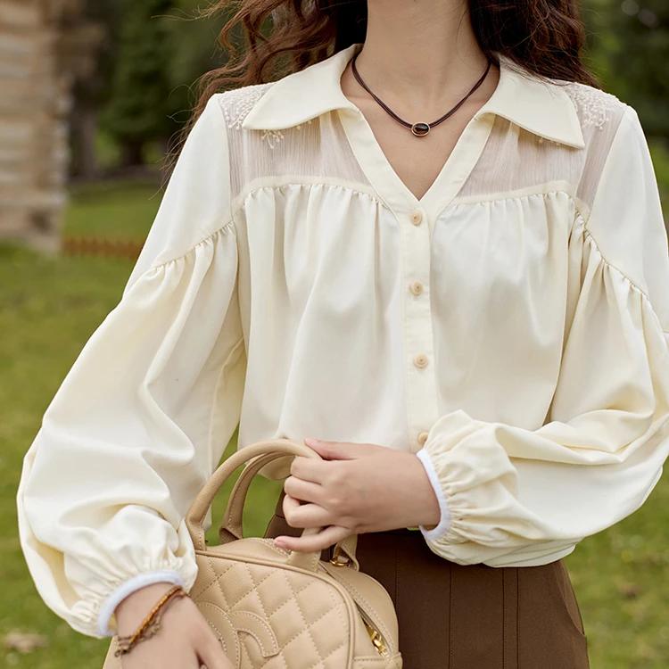 bubble sleeve v neck embroidery shirt - MRSLM