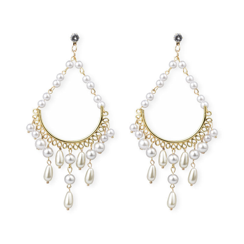 Gold chandelier pearl drop earrings, view 5 - MRSLM