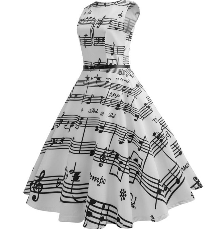 women's piano print dress, view 2 - MRSLM