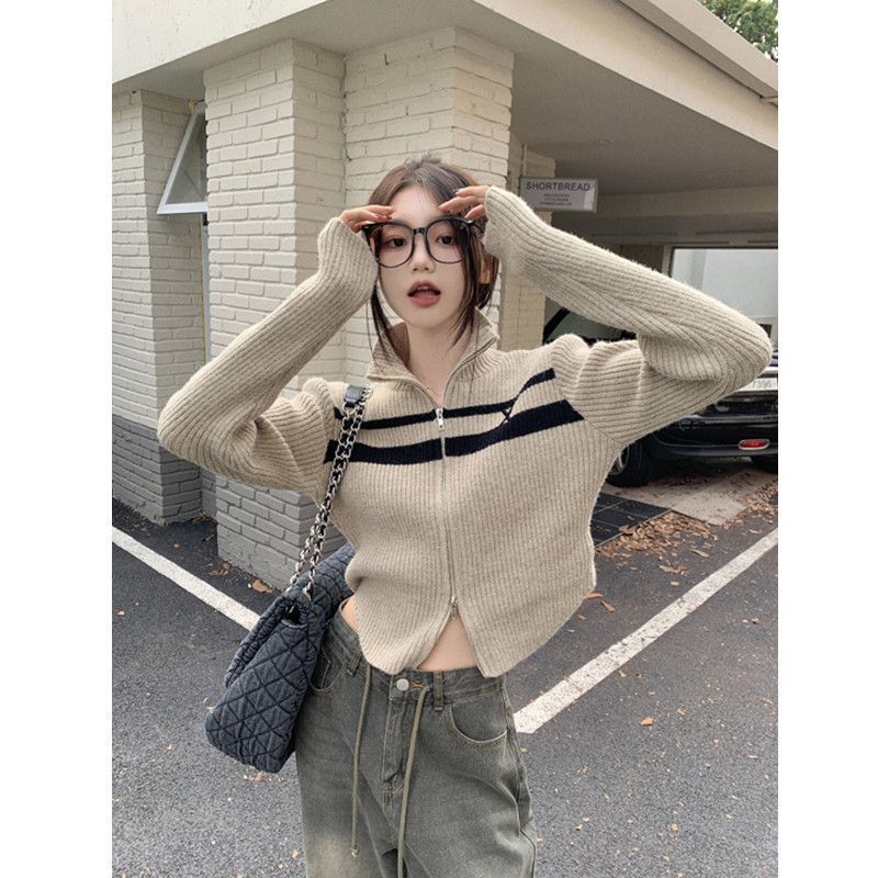 women's slim zip stand collar sweater coat, view 3 - MRSLM