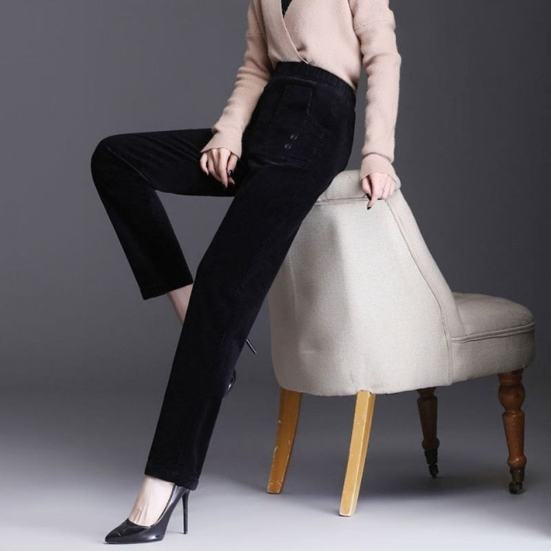 Polyester Straight-leg Pants Women's High Waist Spring And Autumn Thickening Needlecord
