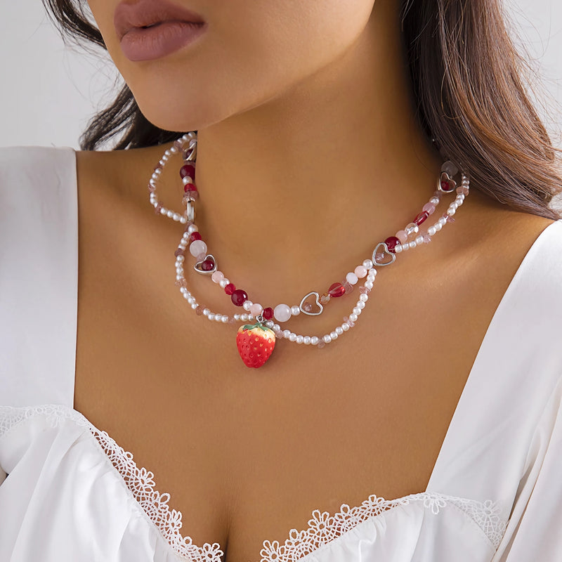 strawberry heart pearl choker necklace, view 4 - MRSLM
