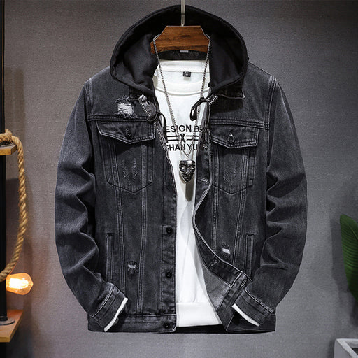 men's hooded denim jacket with holes - MRSLM