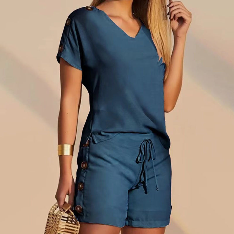 decorative button short sleeve tee and shorts suit, view 8 - MRSLM