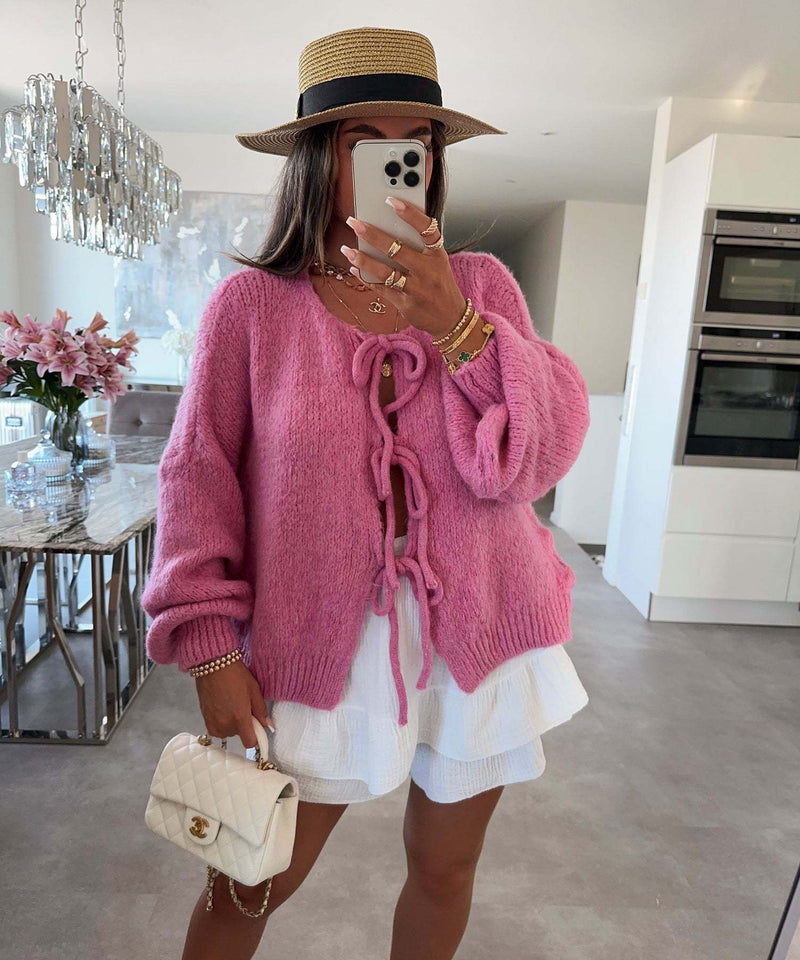 women's knitted lace-up bow cardigan, view 7 - MRSLM
