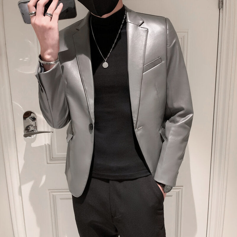Polo Collar Solid Color Korean Slim PU Leather Jacket Men