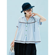 blue plaid short-sleeved v-neck shirt, view 6 - MRSLM