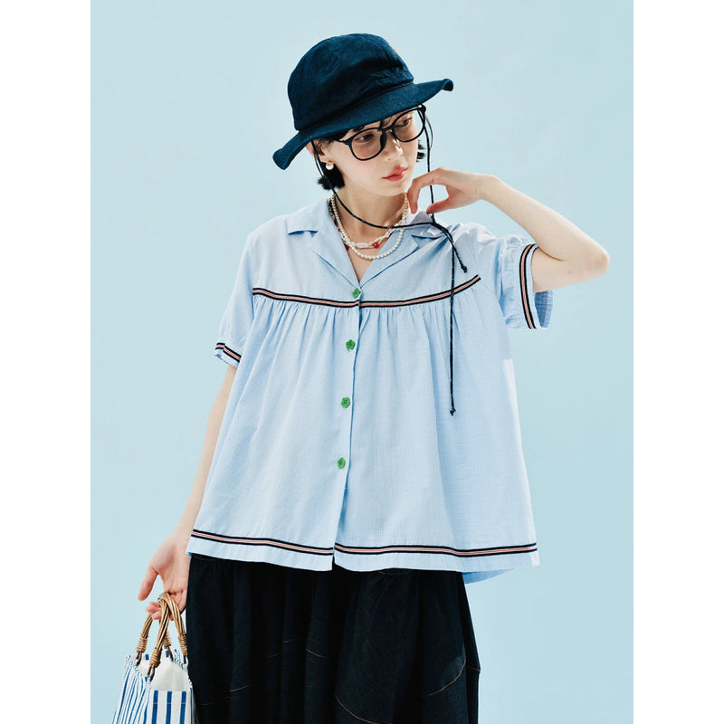 blue plaid short-sleeved v-neck shirt, view 6 - MRSLM