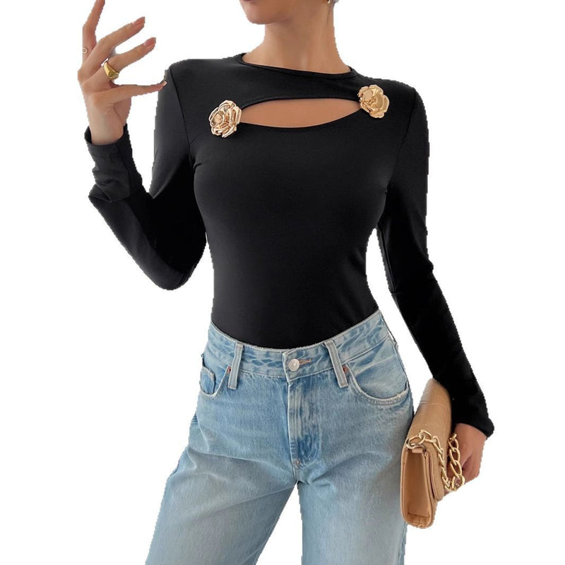 women's hollow rose slim long sleeve top, view 5 - MRSLM