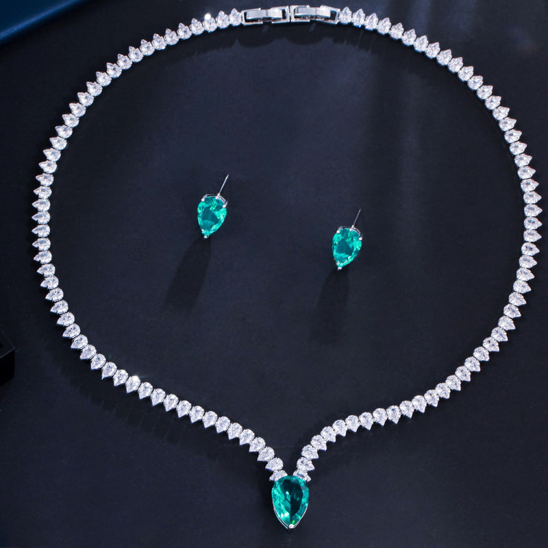 thin zircon clavicle chain and earrings set, view 4 - MRSLM