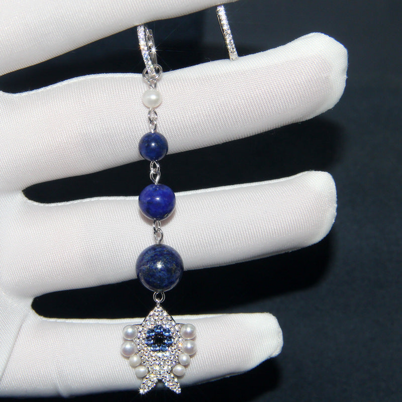 turquoise lapis lazuli fish earrings, view 5 - MRSLM