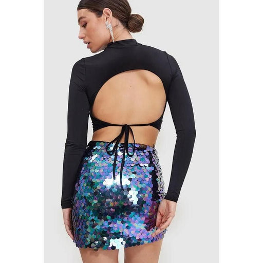 high waist glitter sequin mini skirt, view 3 - MRSLM