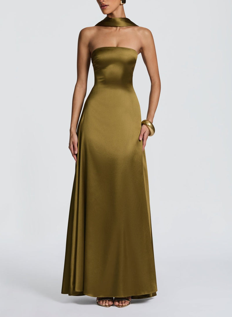 strapless satin maxi dress, view 10 - MRSLM