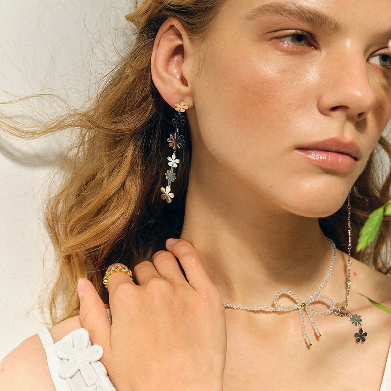 gold plated asymmetrical daisy earrings, view 8 - MRSLM