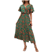 tropical print V-neck split dress, view 5 - MRSLM