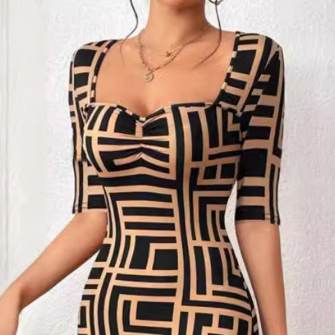 printed square collar dress, view 2 - MRSLM