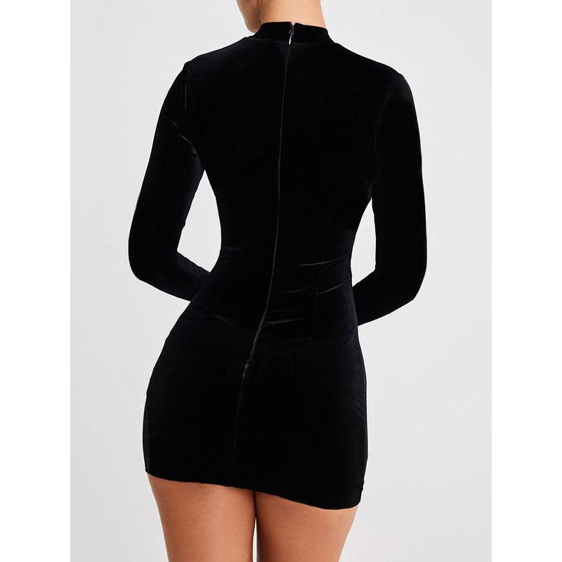 velvet long sleeve mini dress with mesh patchwork, view 8 - MRSLM