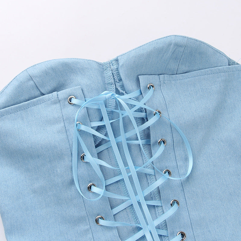 Y2K faux denim tube top with back-tied design, view 8 - MRSLM