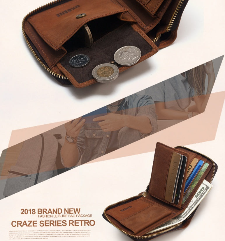 men's retro leather zipper wallet, view 3 - MRSLM
