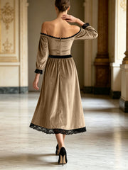 Off-shoulder velvet midi dress with lace trim and bow, view 7 - MRSLM